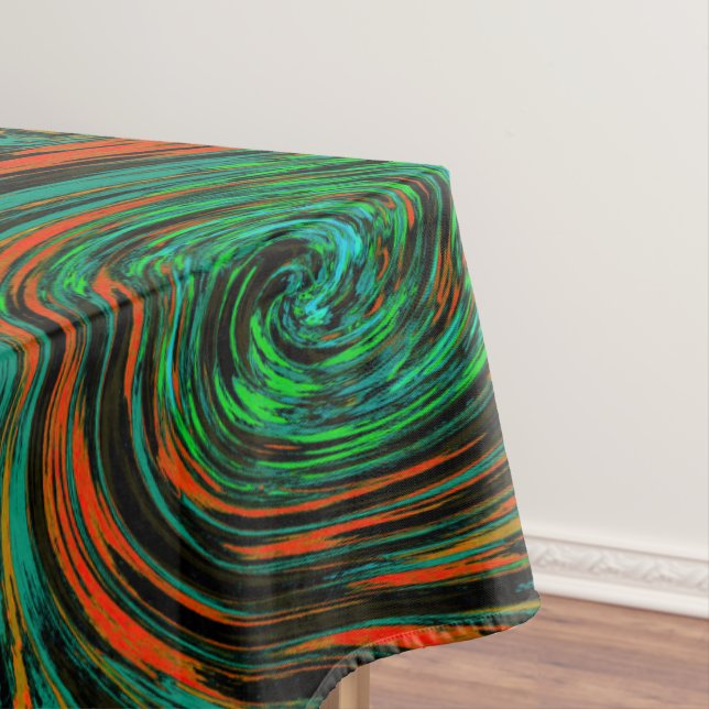 Lime Green and Orange Abstract Retro Twirl Tablecloth (In Situ)