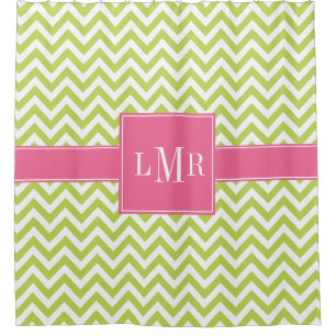Lime Green and Pink Chevrons Monogram Shower Curtain
