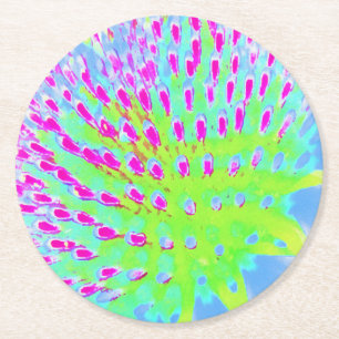Lime Green and Purple Abstract Cone Flower Round Paper Coaster