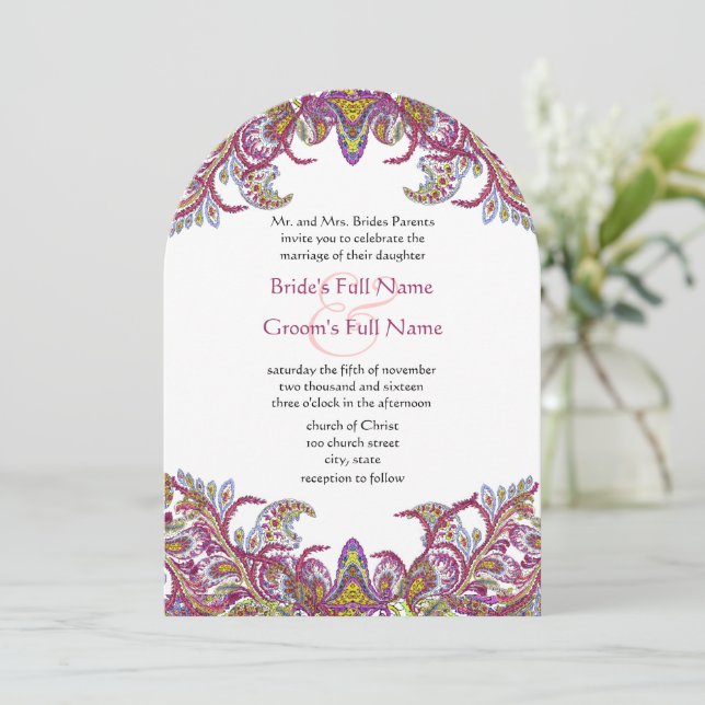 Lime Green and Raspberry Damask Wedding Invitation (Standing Front)