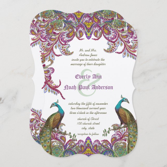Lime Green and Raspberry Damask Wedding Invitation (Front/Back)