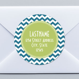 Lime Green and Teal Chevron Pattern Monogram Classic Round Sticker