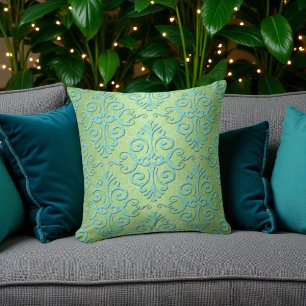 Lime Green and Teal Fancy Damask Cushion