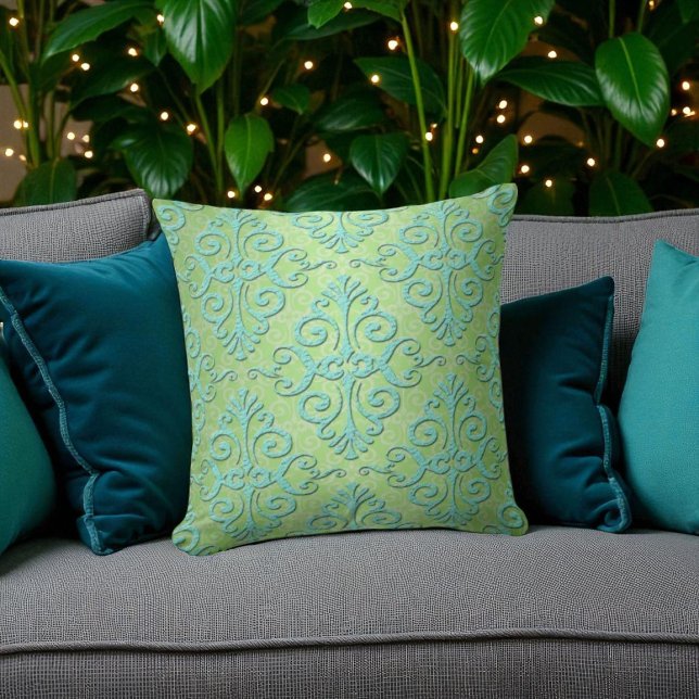 Lime Green and Teal Fancy Damask Cushion (Creator Uploaded)