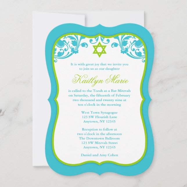 Lime Green and Teal Swirls Bat Mitzvah Invitation (Front)