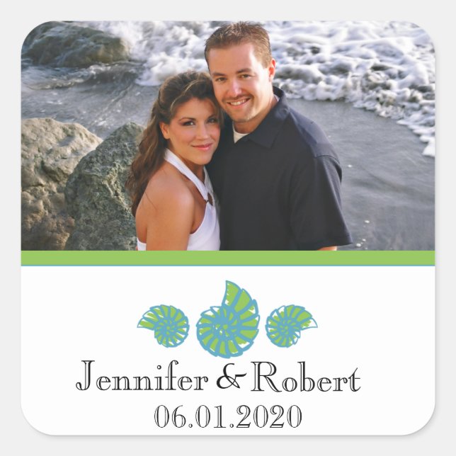 Lime Green and Turquoise Seashell Wedding Square Sticker (Front)