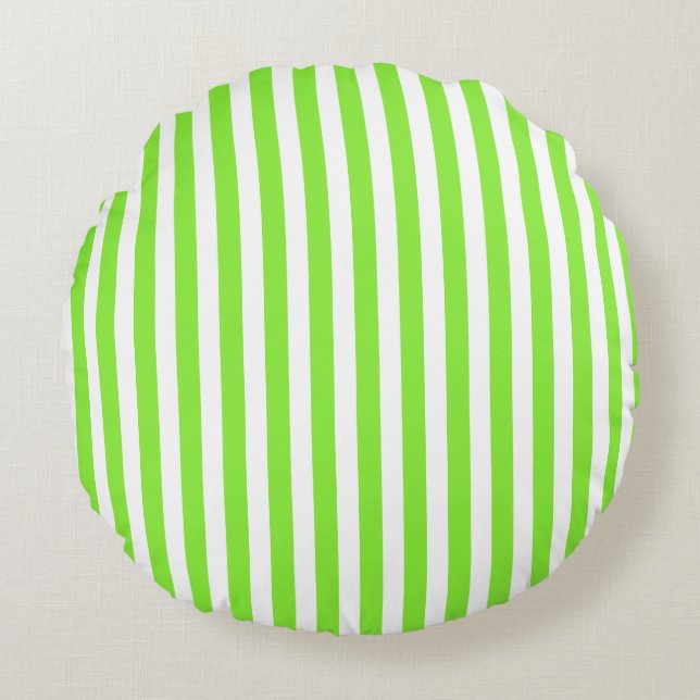 Lime green and white candy stripes round cushion (Front)