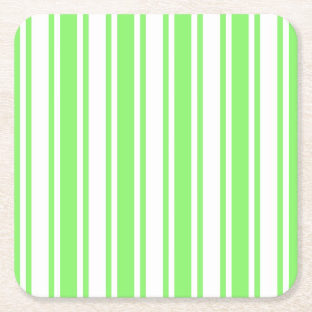 Lime green and white candy stripes square paper coaster (Front)