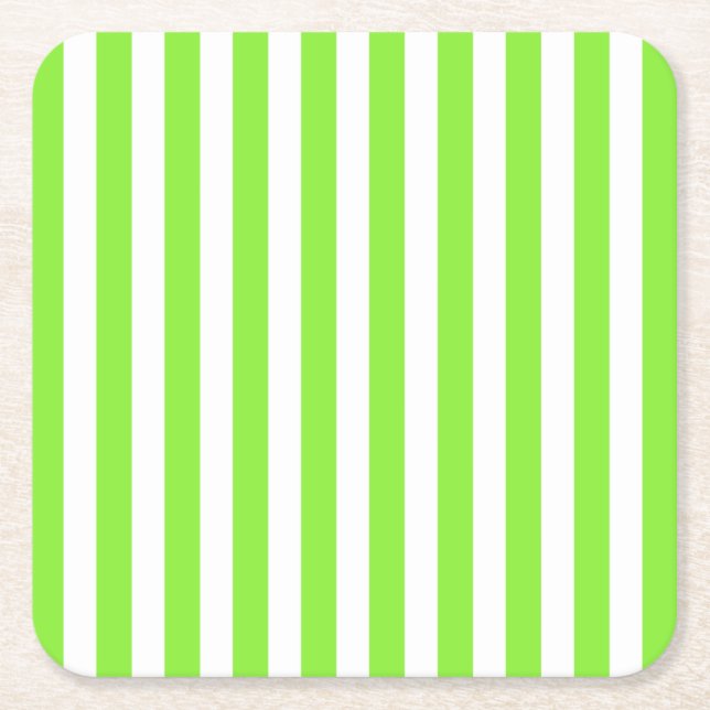Lime green and white candy stripes square paper coaster (Front)