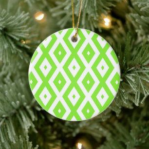 Lime green and white diamond pattern ceramic ornament
