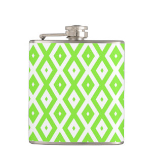 Lime green and white diamond pattern hip flask