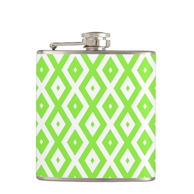 Lime green and white diamond pattern hip flask (Front)