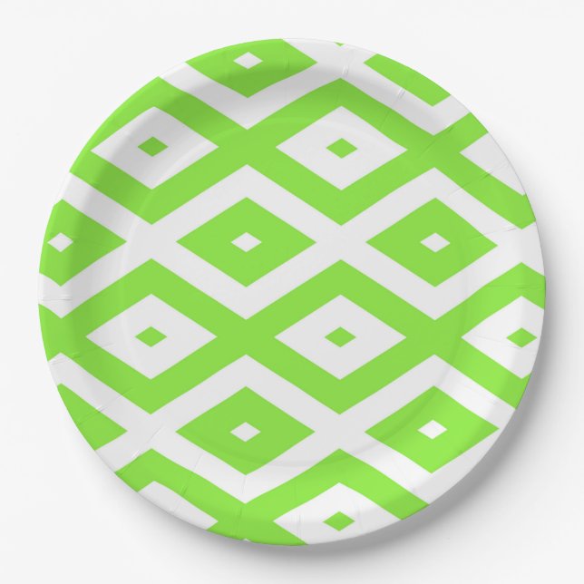 Lime green and white diamond pattern paper plate (Front)