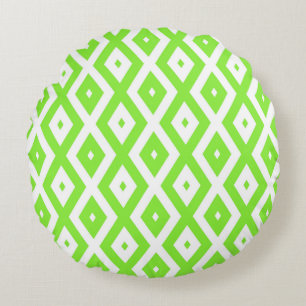 Lime green and white diamond pattern round cushion