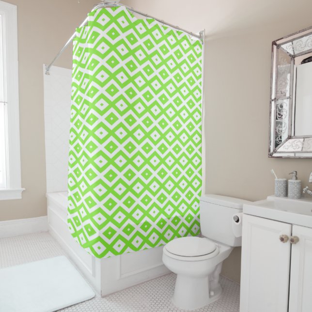 Lime green and white diamond pattern shower curtain (In Situ)