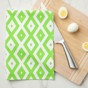 Lime green and white diamond pattern tea towel