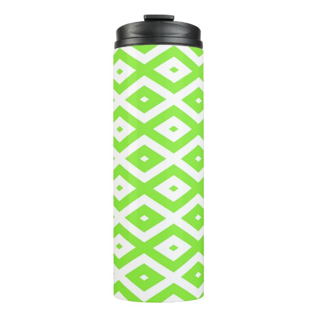 Lime green and white diamond pattern thermal tumbler (Front)