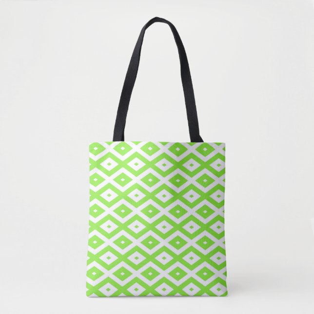 Lime green and white diamond pattern tote bag (Front)