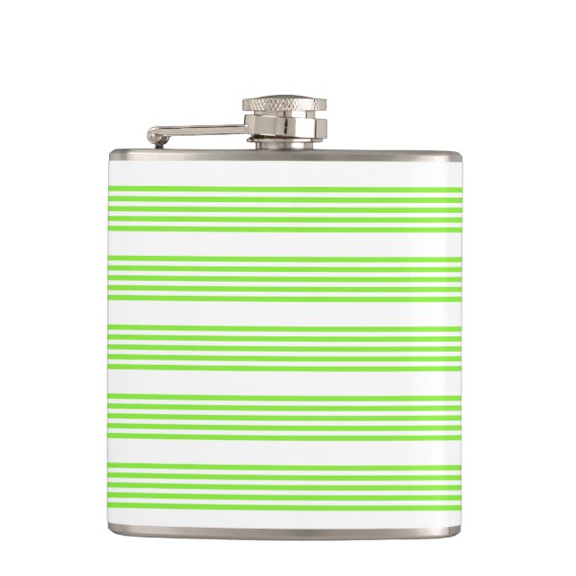 Lime green and white five stripes pattern hip flask (Front)