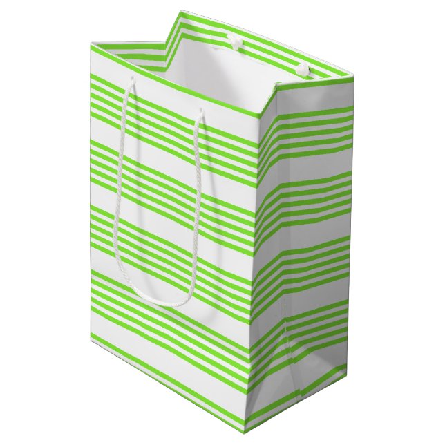 Lime green and white five stripes pattern medium gift bag (Front Angled)