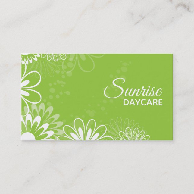 Lime Green and White Floral Daycare Business Card (Front)