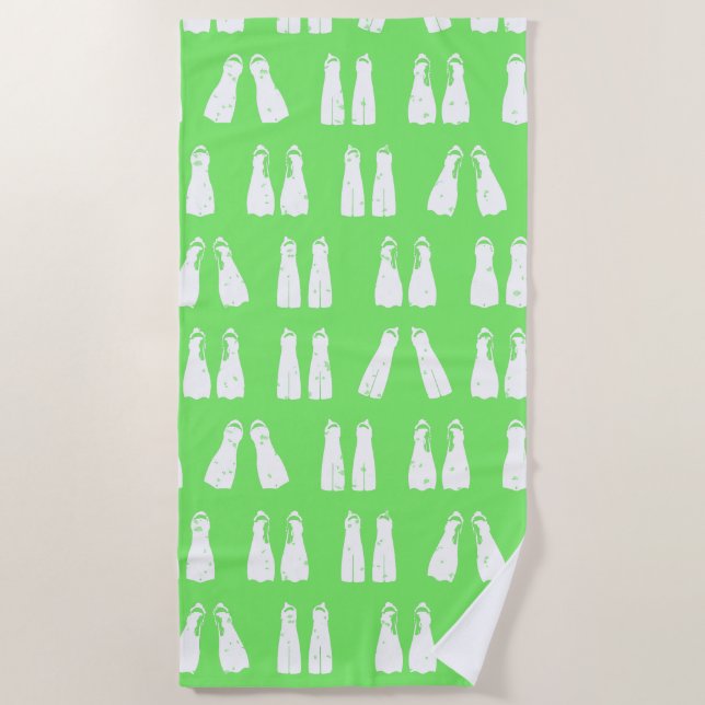 Lime Green and White Snorkelling Flippers Pattern Beach Towel (Front)