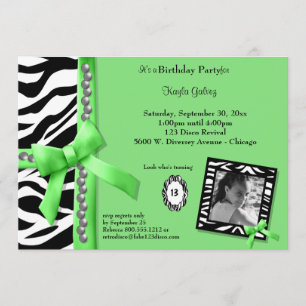 Lime Green And Zebra Striped Birthday Party Invite