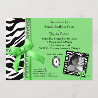 Lime Green And Zebra Striped Birthday Party Invite
