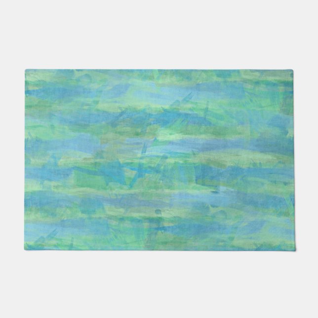 Lime Green Aqua Turquoise Blue Watercolor Stripes Doormat (Front)