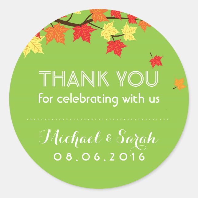 Lime Green Autumn Maple Leaves Thank You Sticker (Front)