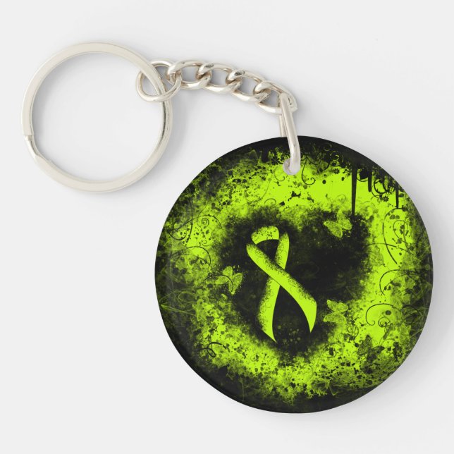 Lime Green Awareness Ribbon Grunge Heart Key Ring (Front)