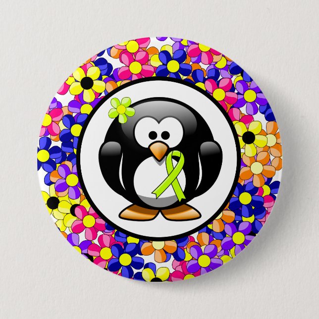 Lime Green Awareness Ribbon Penguin 7.5 Cm Round Badge (Front)