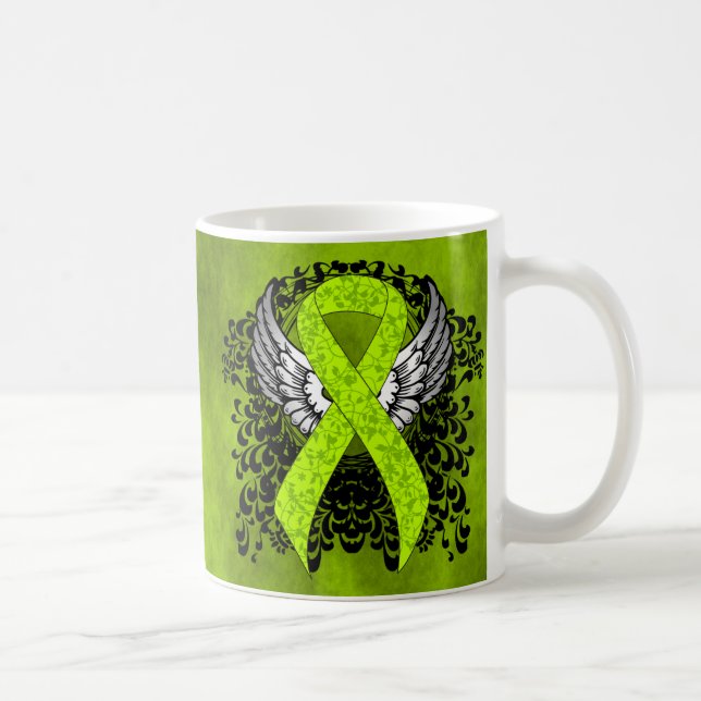 Lime Green Awareness Ribbon with Wings Coffee Mug (Right)