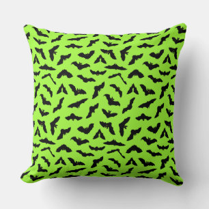 Lime Green Bat Pattern Halloween Cushion