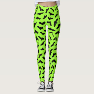 Lime Green Bat Pattern Halloween Leggings