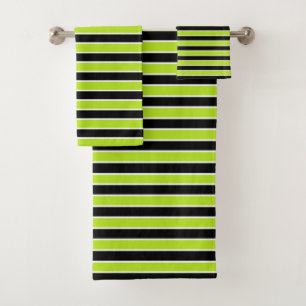 Lime Green, Black and White Stripes Bath Towel Set