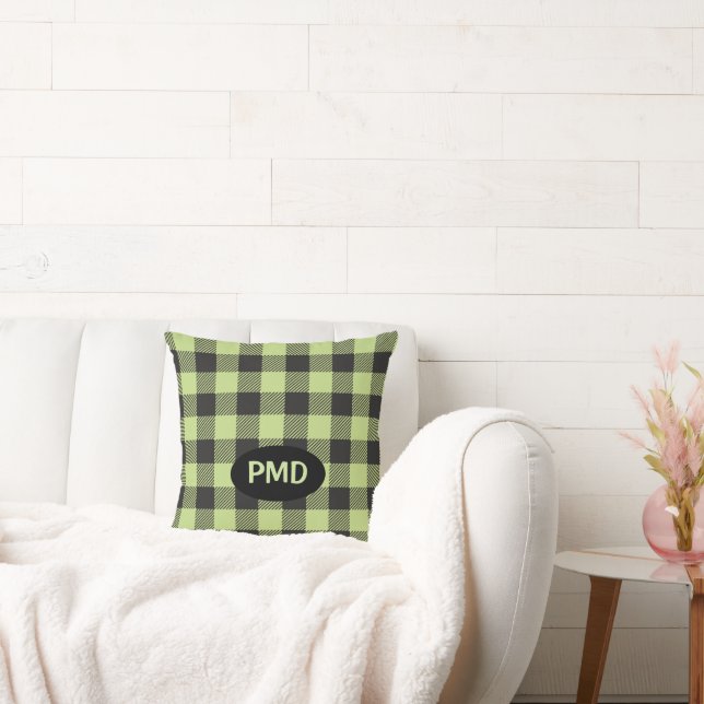 Lime Green Black Buffalo Plaid Monogram Initial Cushion (Couch)
