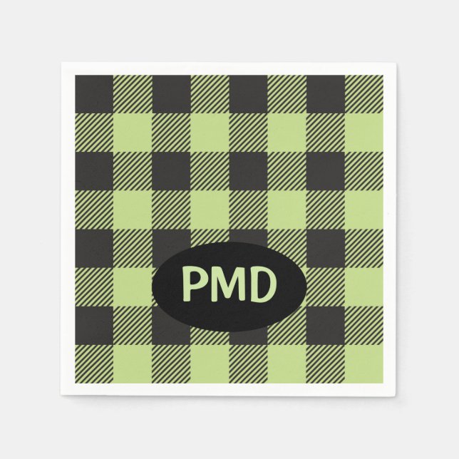 Lime Green Black Buffalo Plaid Monogram Initials Napkin (Front)