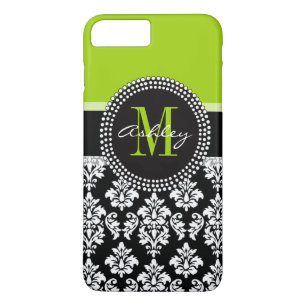 Lime Green Black Damask Pattern Monogrammed iPhone 8 Plus/7 Plus Case