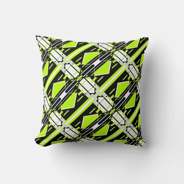 Lime Green Black White Diagonal Geometric Design Cushion (Front)