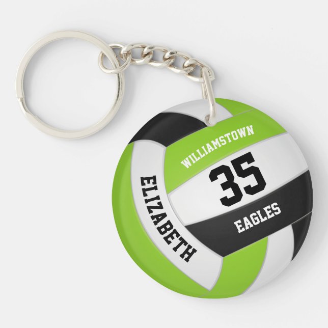 lime green black white team name volleyball key ring (Front)