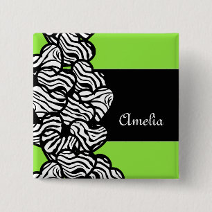 Lime green black white zebra pattern heart name  15 cm square badge