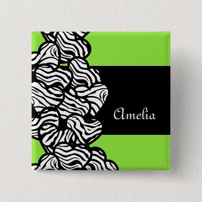 Lime green black white zebra pattern heart name  15 cm square badge (Front)