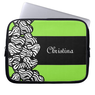 Lime green black white zebra pattern heart name  laptop sleeve