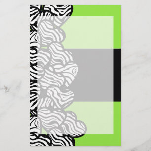 Lime green black white zebra pattern heart name stationery
