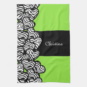 Lime green black white zebra pattern heart name tea towel