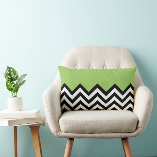 Lime Green Black White Zigzag Chevron Art Pattern Lumbar Cushion (Chair)
