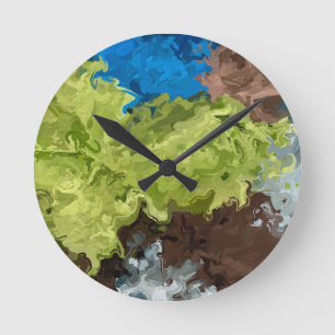 Lime Green, Blue and Brown Oils Round Clock