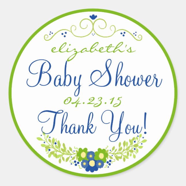 Lime Green & Blue Baby Shower- Floral Classic Round Sticker (Front)