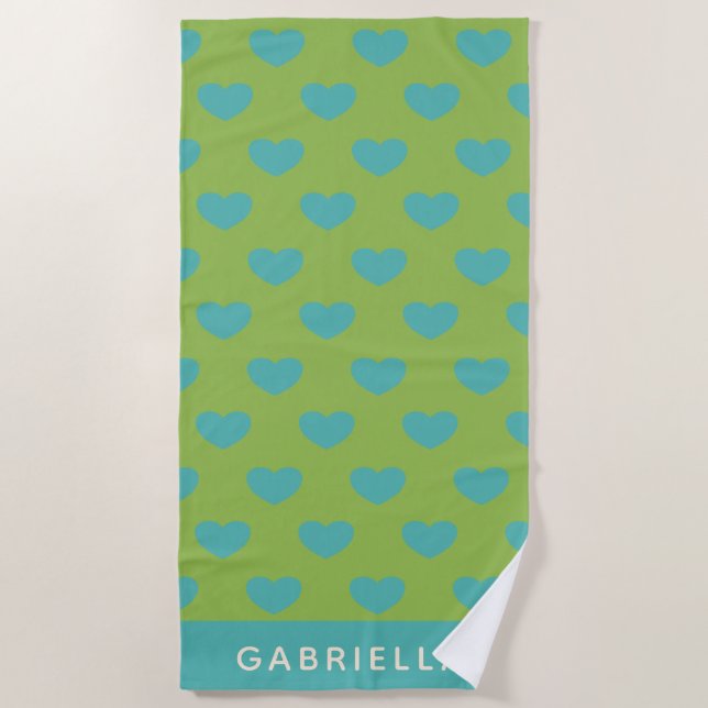 Lime Green Blue Cute Heart Pattern Personalised Beach Towel (Front)